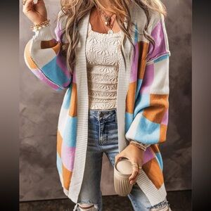 Luxe Color Block Long Sleeve Open Front Knit Swearer Cardigan